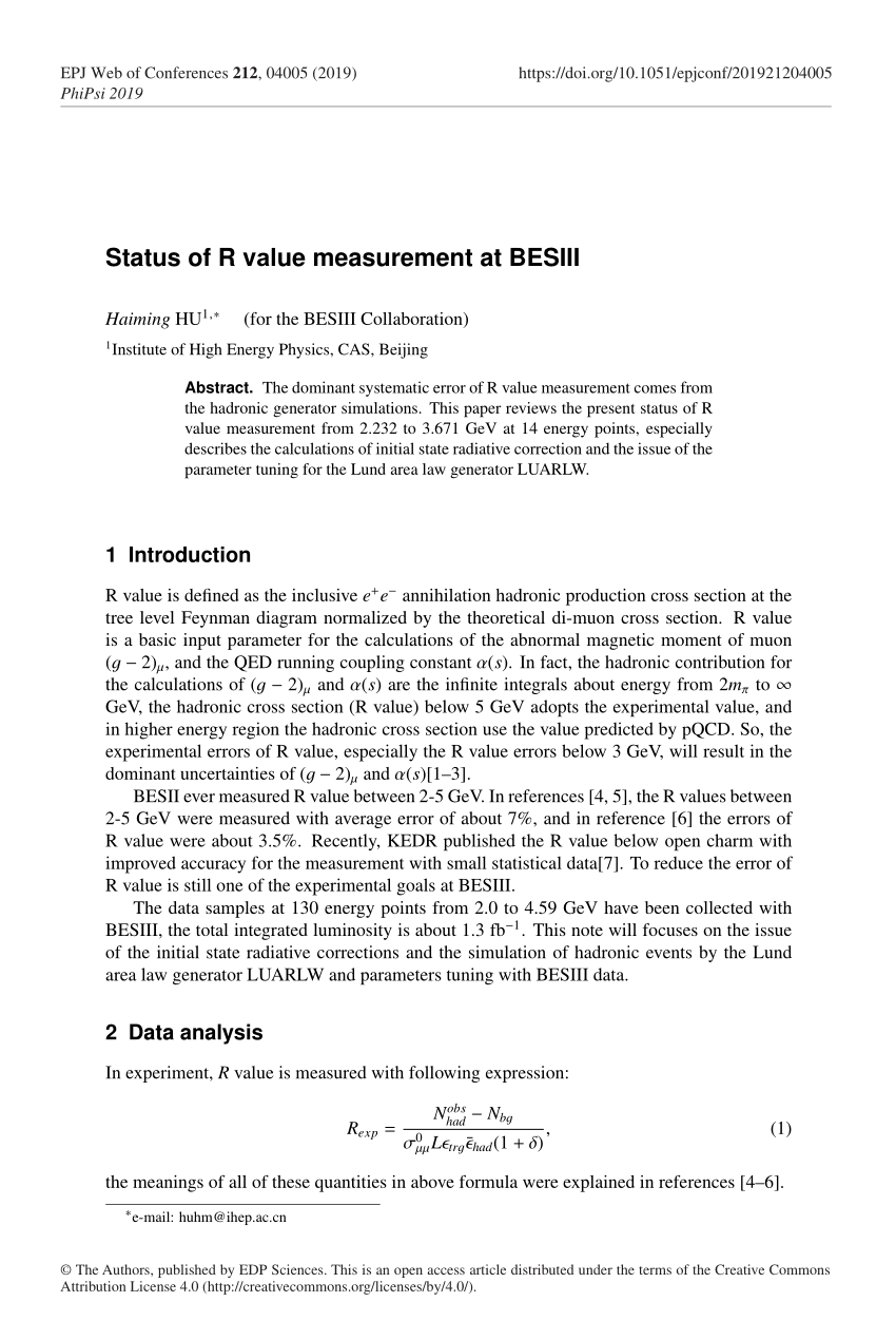 Pdf Status Of R Value Measurement At Besiii
