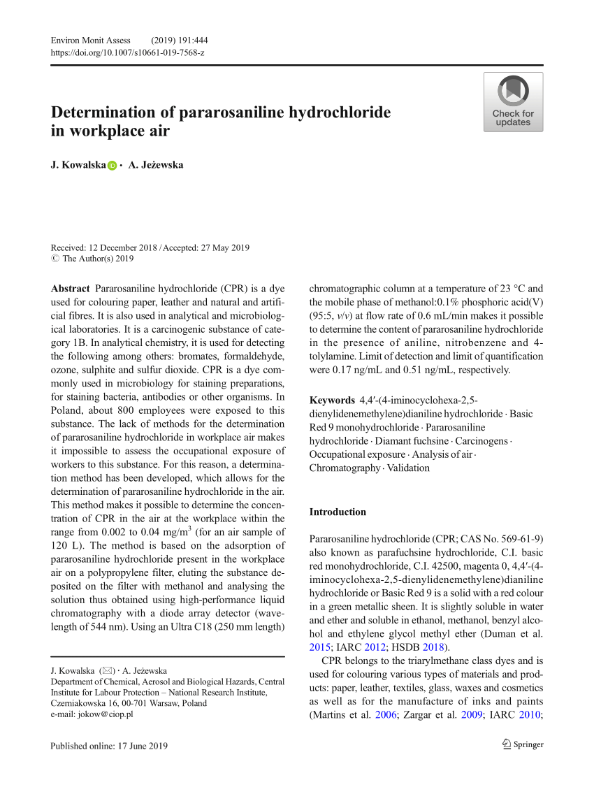 PDF) Determination of pararosaniline hydrochloride in workplace air