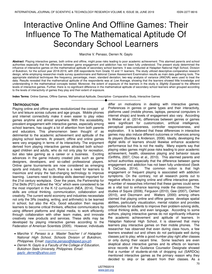 PDF) Interactive Online And Offline Games: Their Influence To The  Mathematical Aptitude Of Secondary School Learners