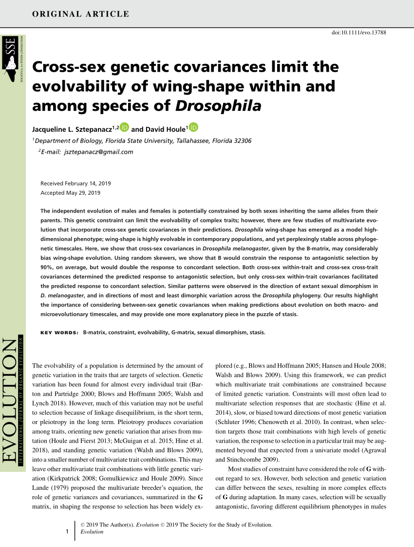 Pdf Cross Sex Genetic Covariances Limit The Evolvability Of Wing