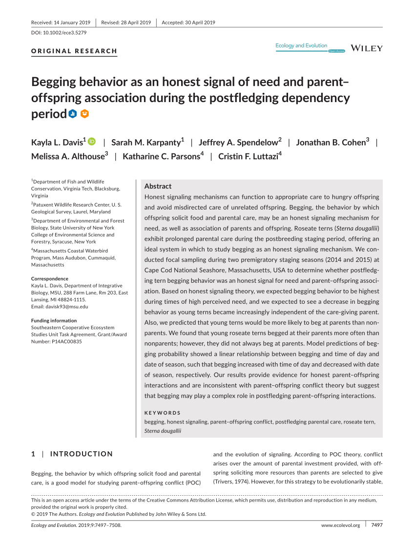 PDF) Begging behavior as an honest signal of need and parent-offspring  association during the postfledging dependency period