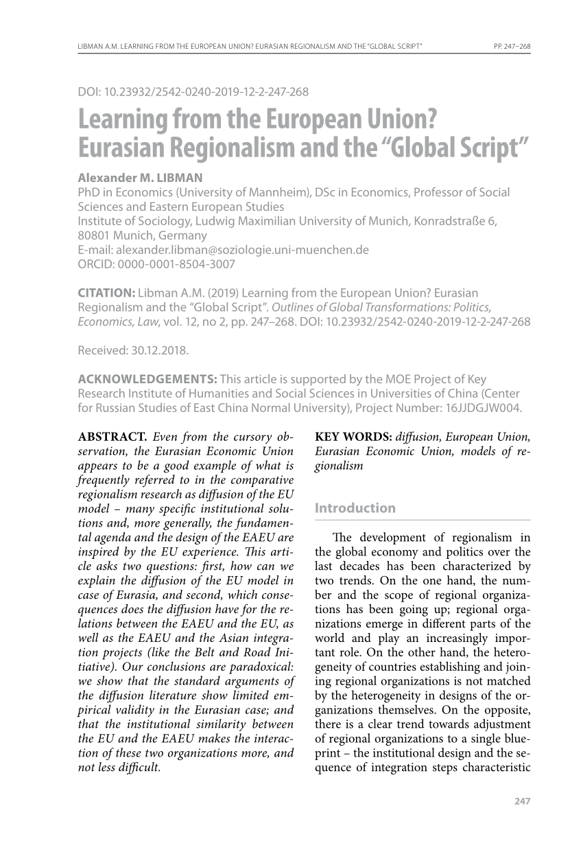 Pdf Learning From The European Union Eurasian Regionalism And The Global Script