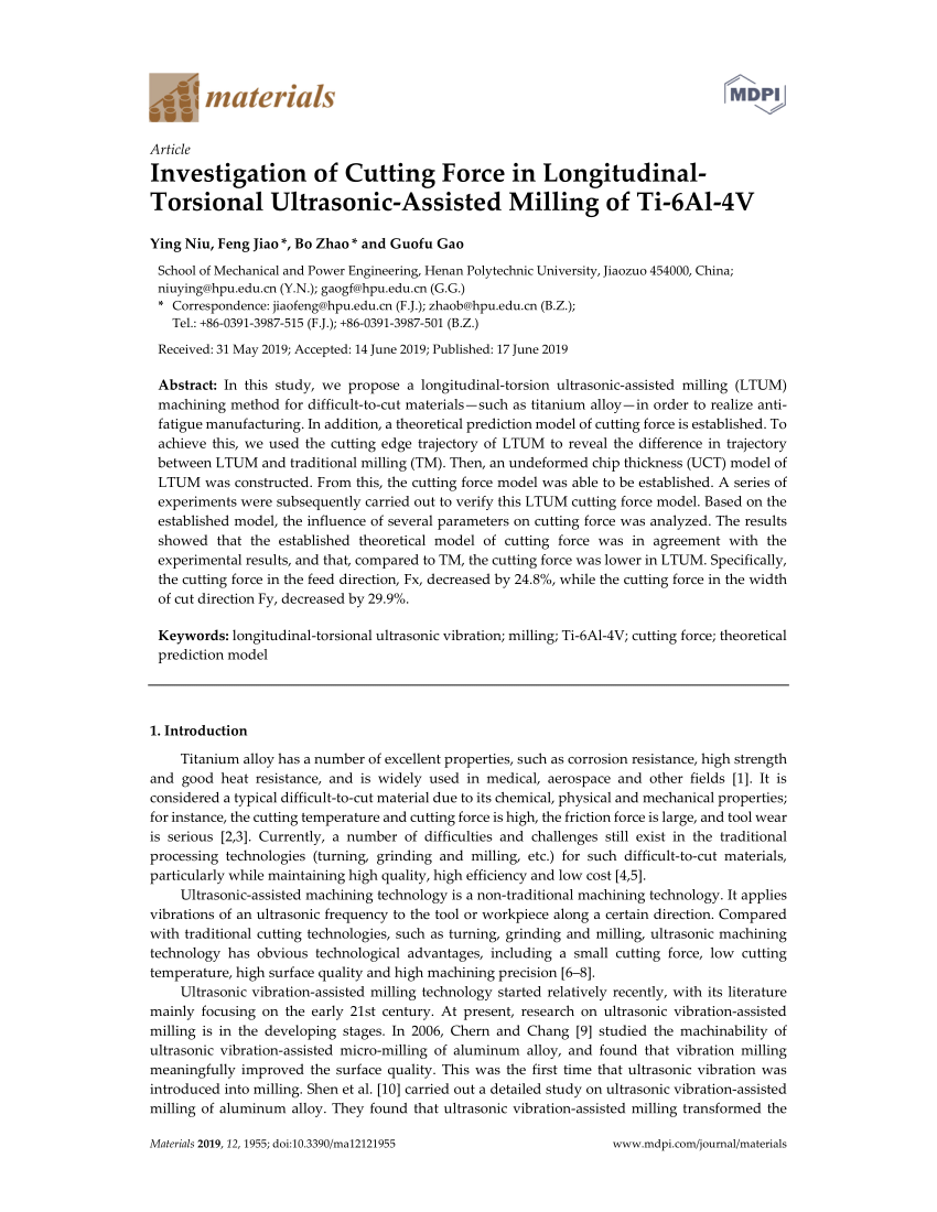 Pdf Investigation Of Cutting Force In Longitudinal Torsional Ultrasonic Assisted Milling Of Ti 6al 4v
