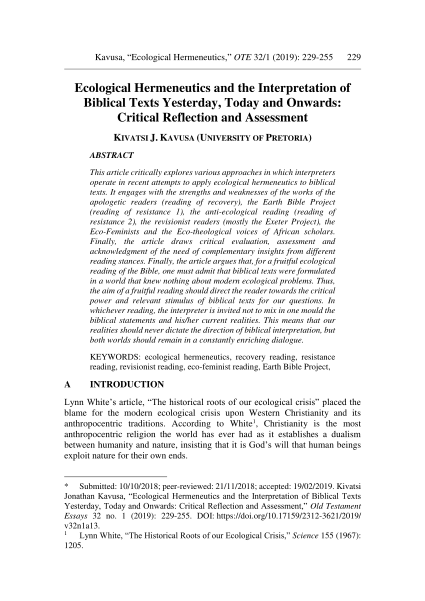 Pdf Ecological Hermeneutics And The Interpretation Of Biblical Texts Yesterday Today And Onwards Critical Reflection And Assessment