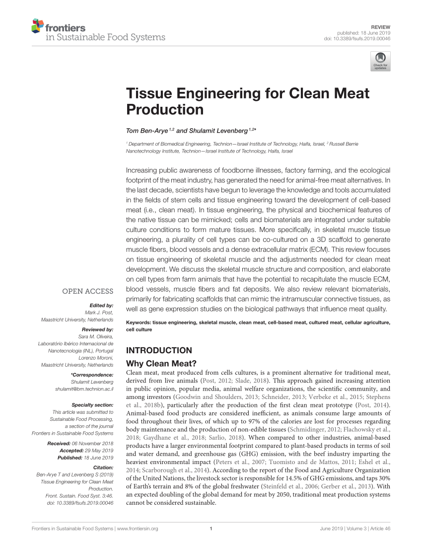 PDF) Tissue Engineering for Clean Meat Production