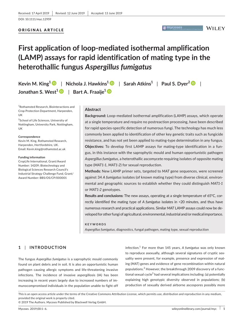 PDF) First application of loop-mediated isothermal amplification (LAMP)  assays for rapid identification of mating type in the heterothallic fungus  Aspergillus fumigatus