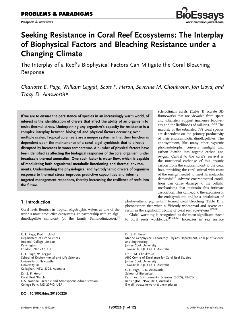 Pdf Seeking Resistance In Coral Reef Ecosystems The Interplay Of Biophysical Factors And Bleaching Resistance Under A Changing Climate The Interplay Of A Reef S Biophysical Factors Can Mitigate The Coral Bleaching Response