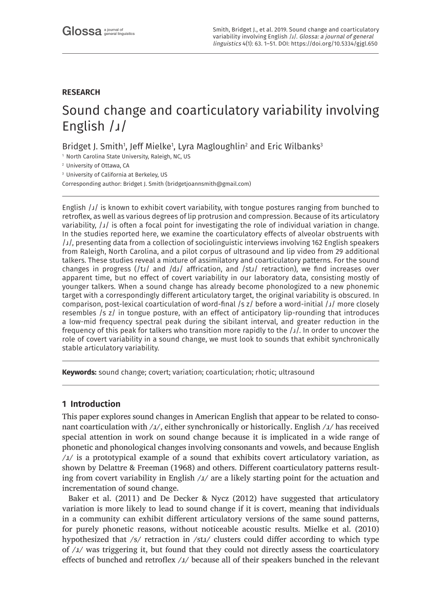 Pdf Sound Change And Coarticulatory Variability Involving English ɹ