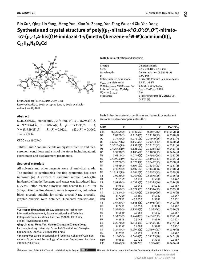 Pdf Synthesis And Crystal Structure Of Poly M2 Nitrato K4o O O O Nitrato Ko M2 1 4 Bis 1h Imidazol 1 Yl Methyl Benzene K2n N Cadmium Ii C14h14n6o6cd