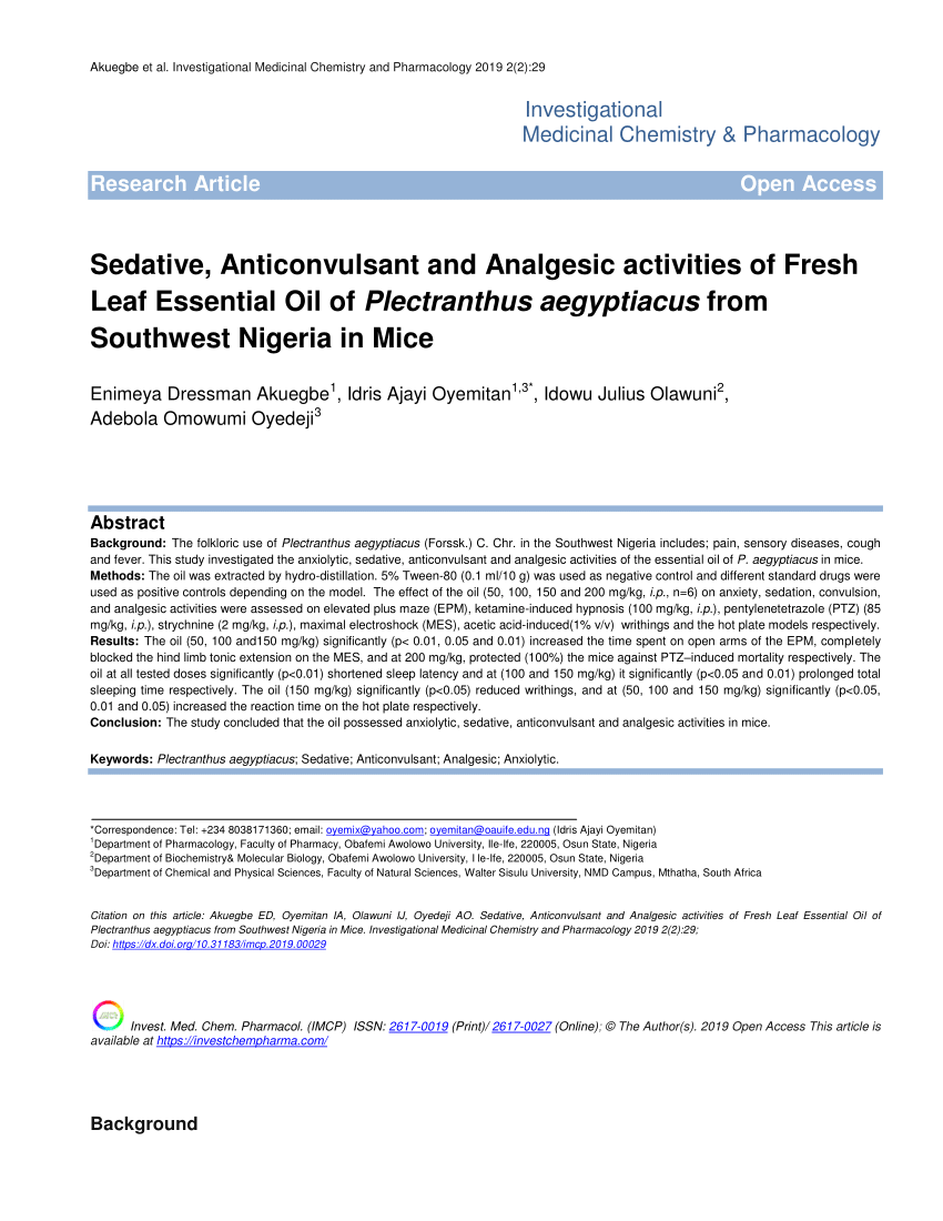 PDF) Sedative, Anticonvulsant and Analgesic activities of Fresh Leaf Essential Oil of Plectranthus aegyptiacus from Southwest Nigeria in