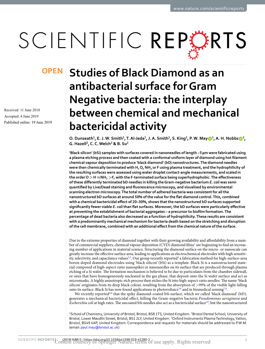 Studies of Black Diamond as an antibacterial surface for Gram Negative  bacteria: the interplay between chemical and mechanical bactericidal  activity