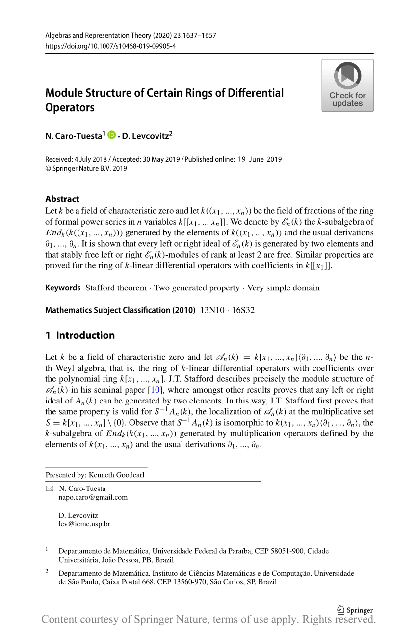 Module Structure of Certain Rings of Differential Operators Request PDF