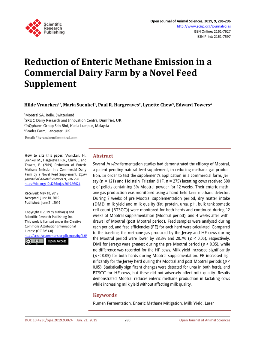 PDF) Reduction of Enteric Methane Emission in a Commercial Dairy 