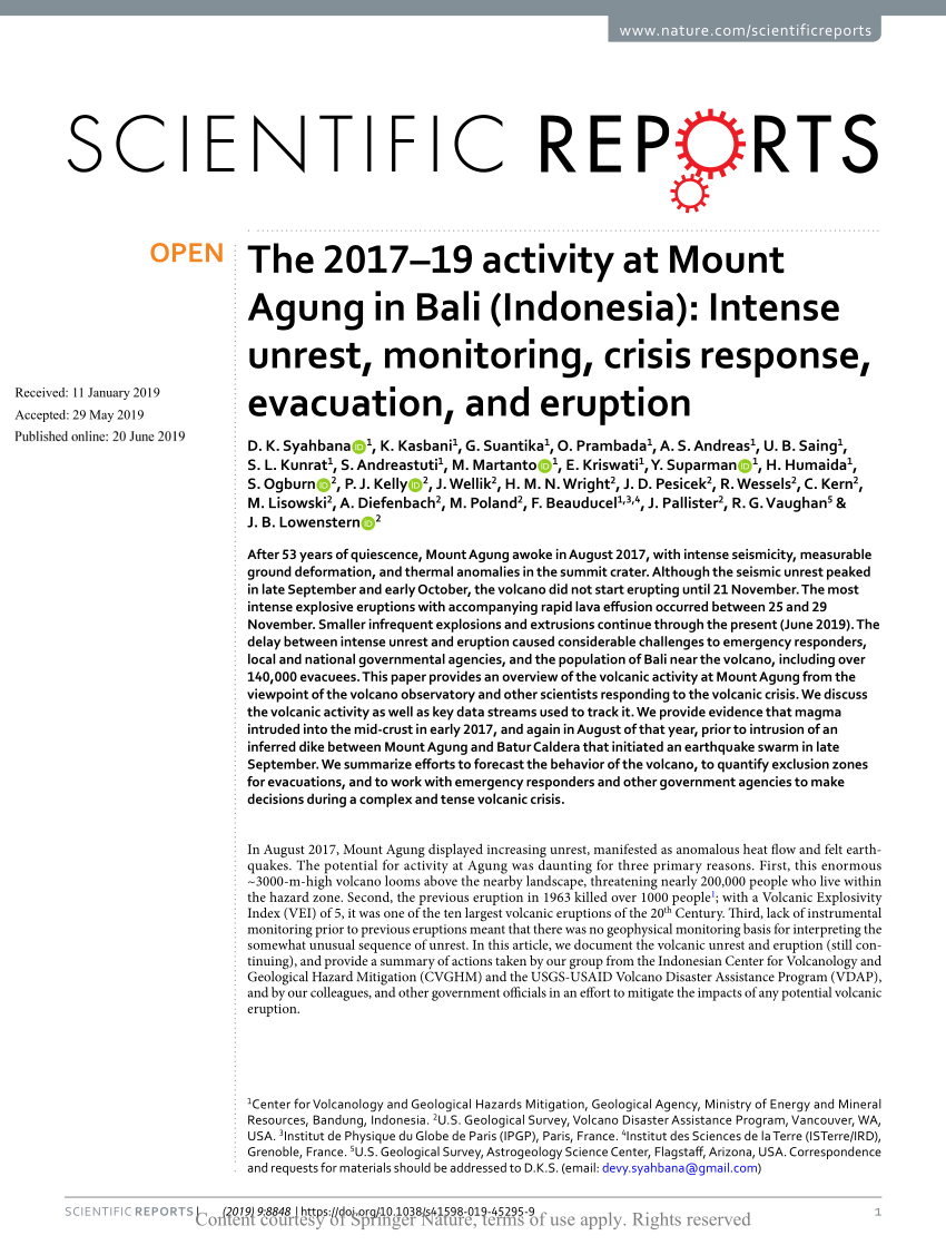 Pdf The 17 19 Activity At Mount Agung In Bali Indonesia Intense Unrest Monitoring Crisis Response Evacuation And Eruption