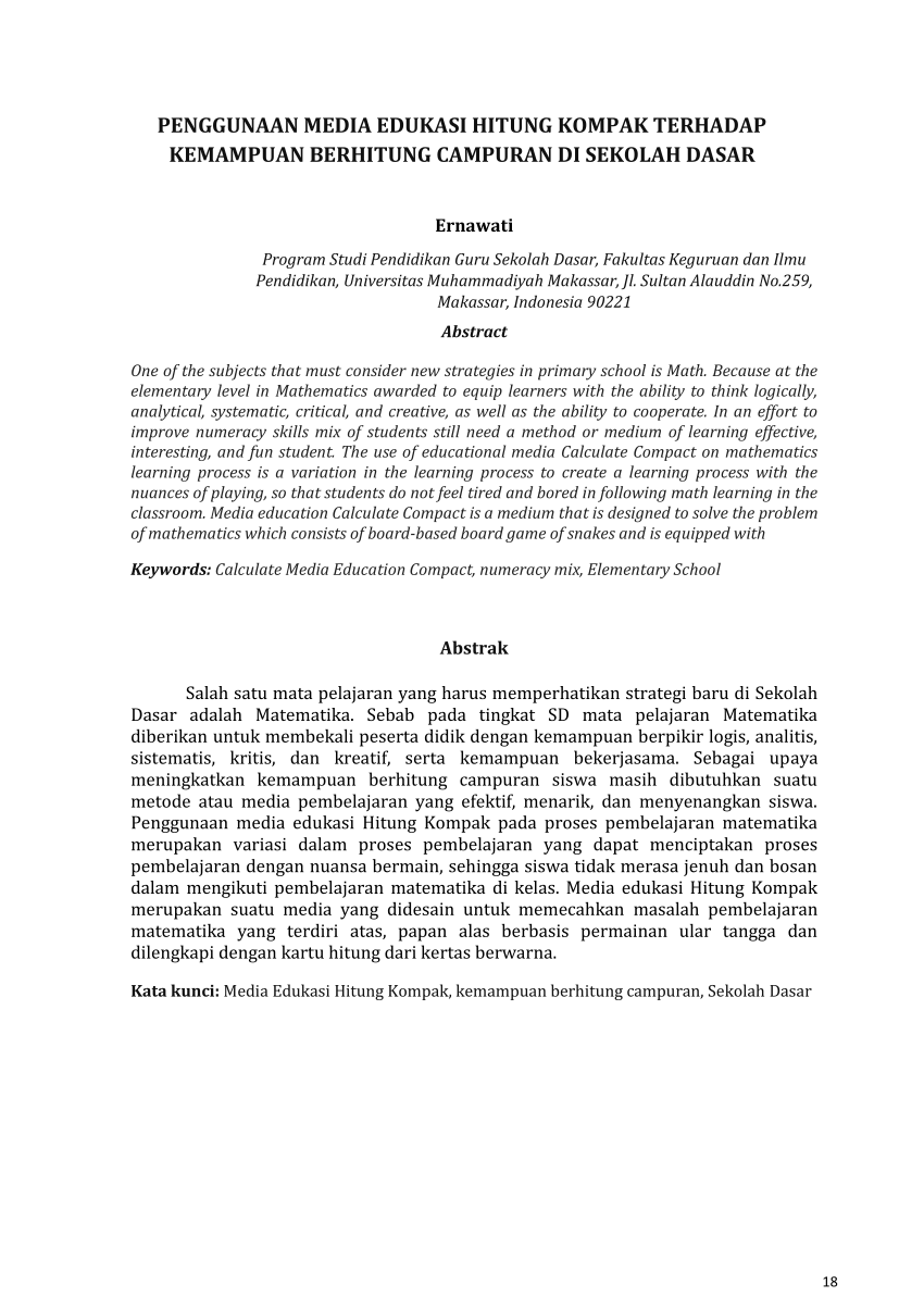 (PDF) Penggunaan Media Edukasi Hitung Kompak Terhadap Kemampuan - Jurnal Permainan Tradisional Terhadap Kemampuan Matematika