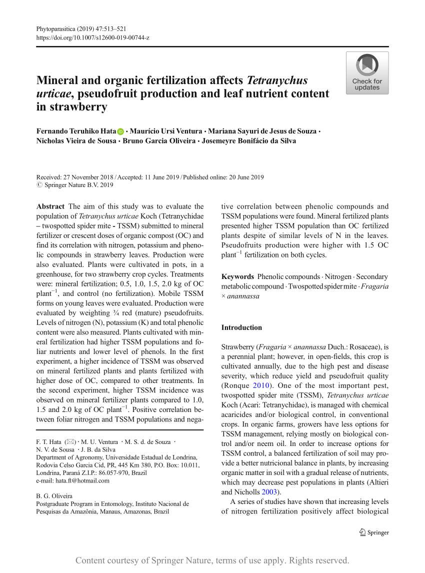 Mineral And Organic Fertilization Affects Tetranychus Urticae Pseudofruit Production And Leaf Nutrient Content In Strawberry Request Pdf