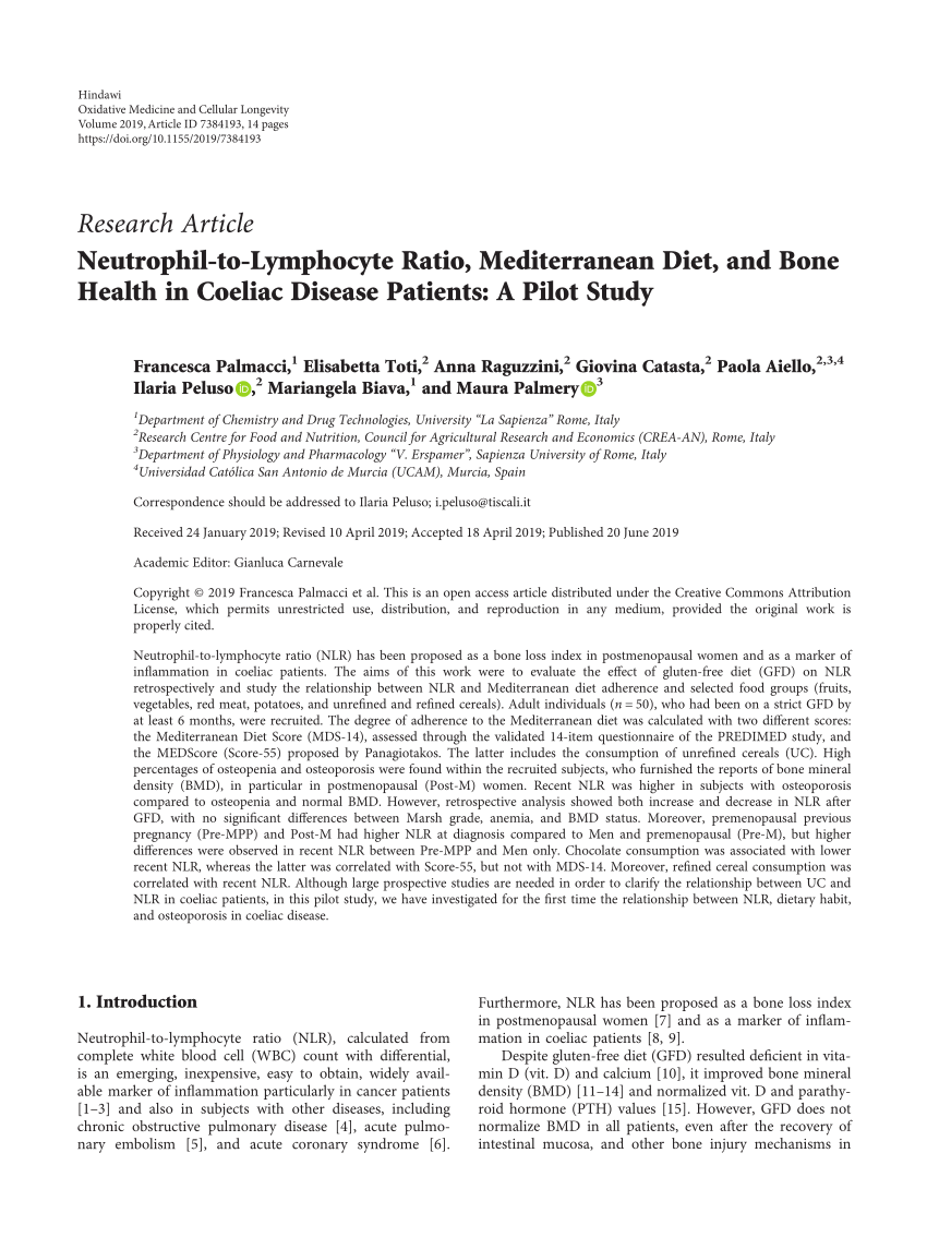PDF Neutrophil to Lymphocyte Ratio Mediterranean Diet and Bone  