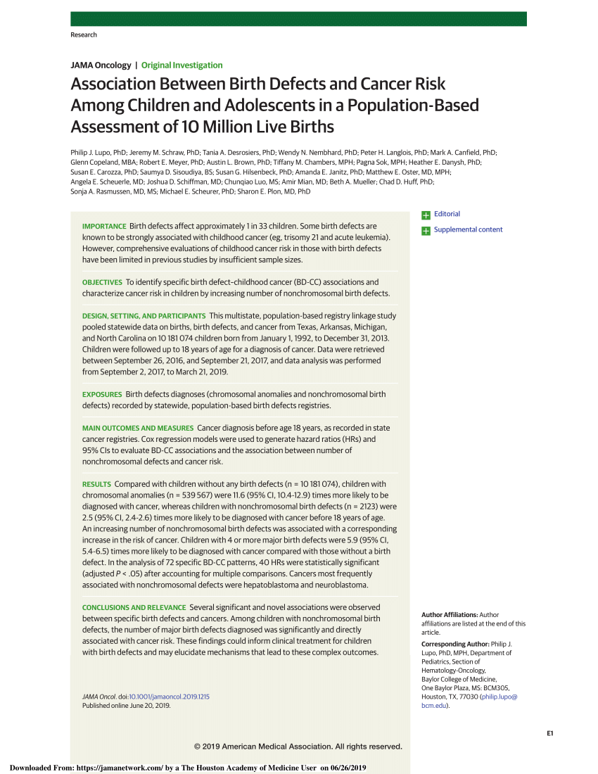 Pdf Association Between Birth Defects And Cancer Risk Among Children And Adolescents In A Population Based Assessment Of 10 Million Live Births