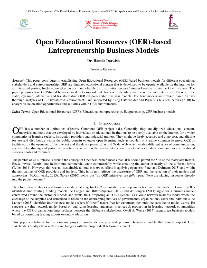 Pdf Open Educational Resources Oer Based Entrepreneurship Business Models