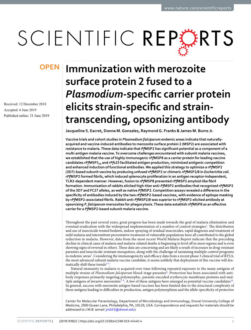 Pdf Immunization With Merozoite Surface Protein 2 Fused To A Plasmodium Specific Carrier Protein Elicits Strain Specific And Strain Transcending Opsonizing Antibody