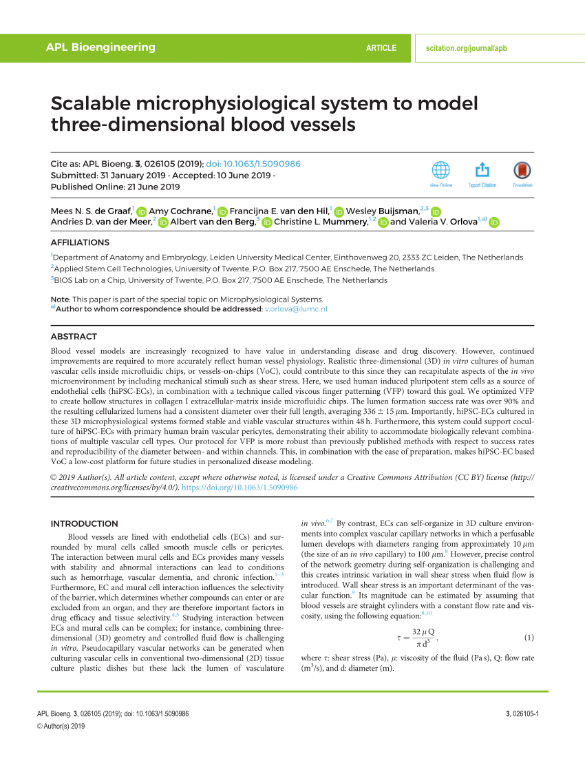 Pdf Scalable Microphysiological System To Model Three Dimensional Blood Vessels