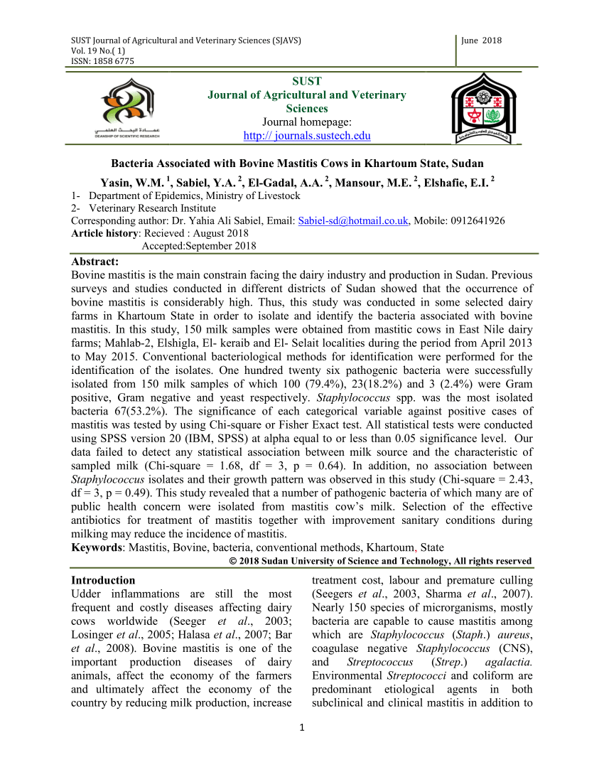 PDF Bacteria Associated with Bovine Mastitis Cows in Khartoum State