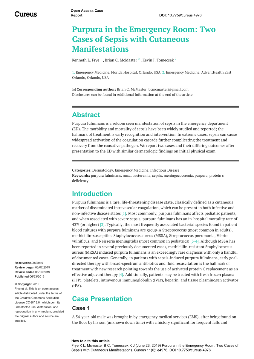 Pdf Purpura In The Emergency Room Two Cases Of Sepsis With