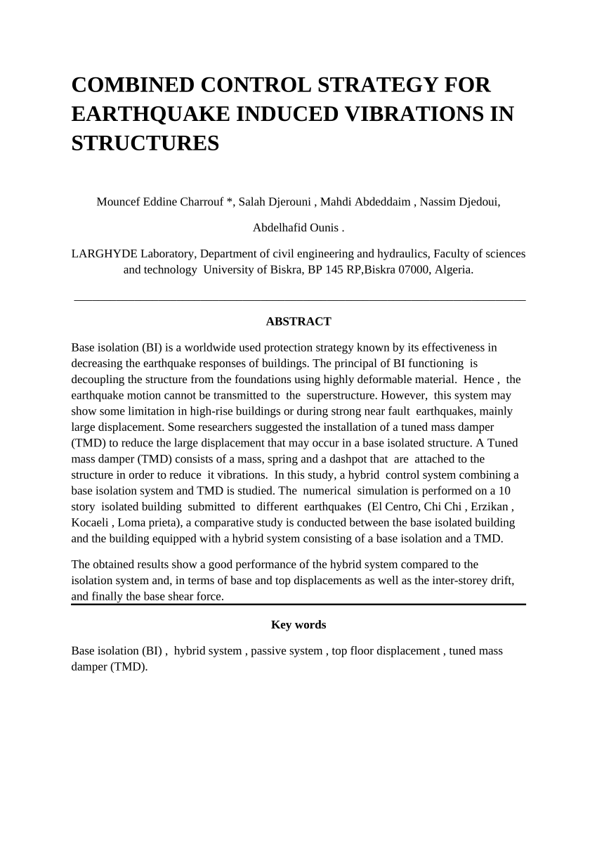 (PDF) COMBINED CONTROL STRATEGY FOR EARTHQUAKE INDUCED VIBRATIONS IN