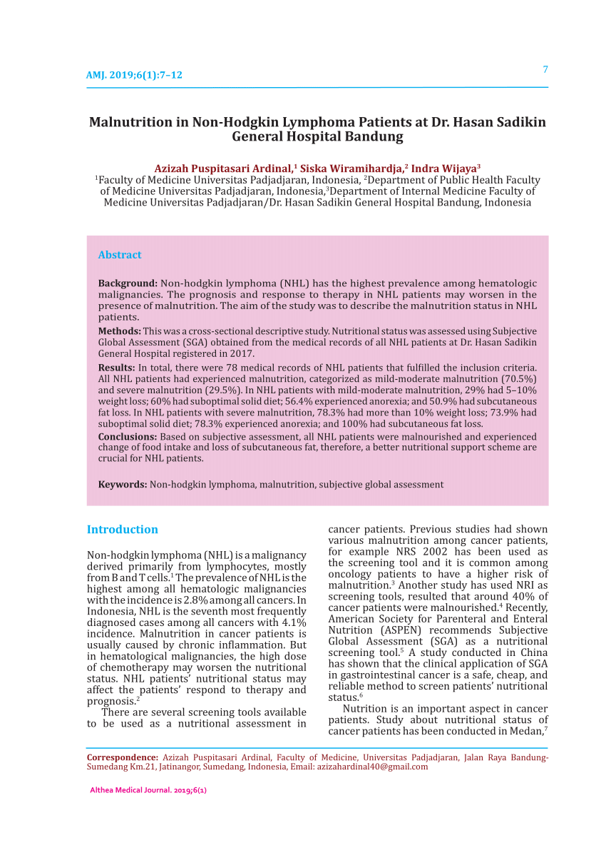 PDF) Malnutrition in Non-Hodgkin Lymphoma Patients at Dr. Hasan 