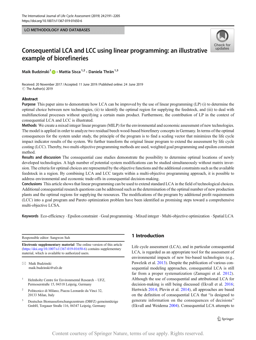 Pdf Consequential Lca And Lcc Using Linear Programming An Illustrative Example Of Biorefineries
