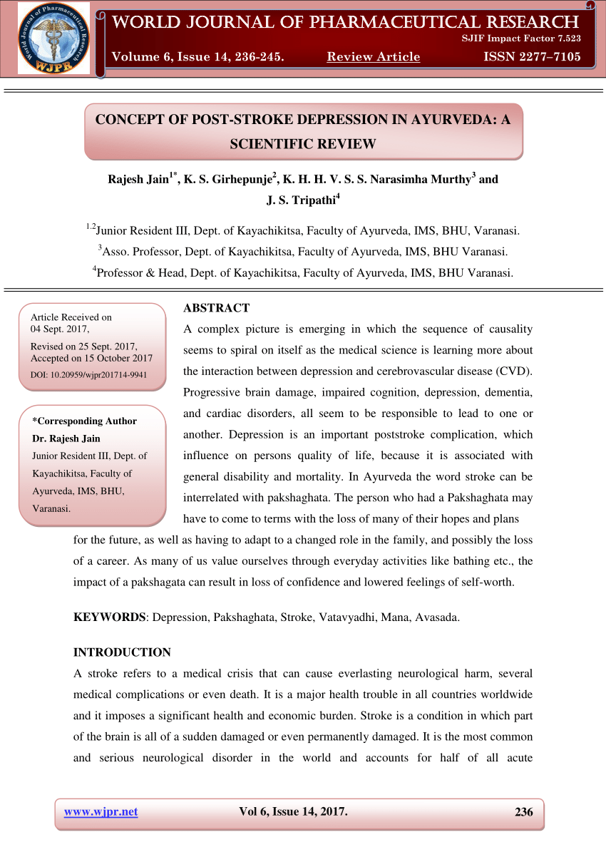 Pdf Concept Of Post Stroke Depression In Ayurveda A Scientific Review