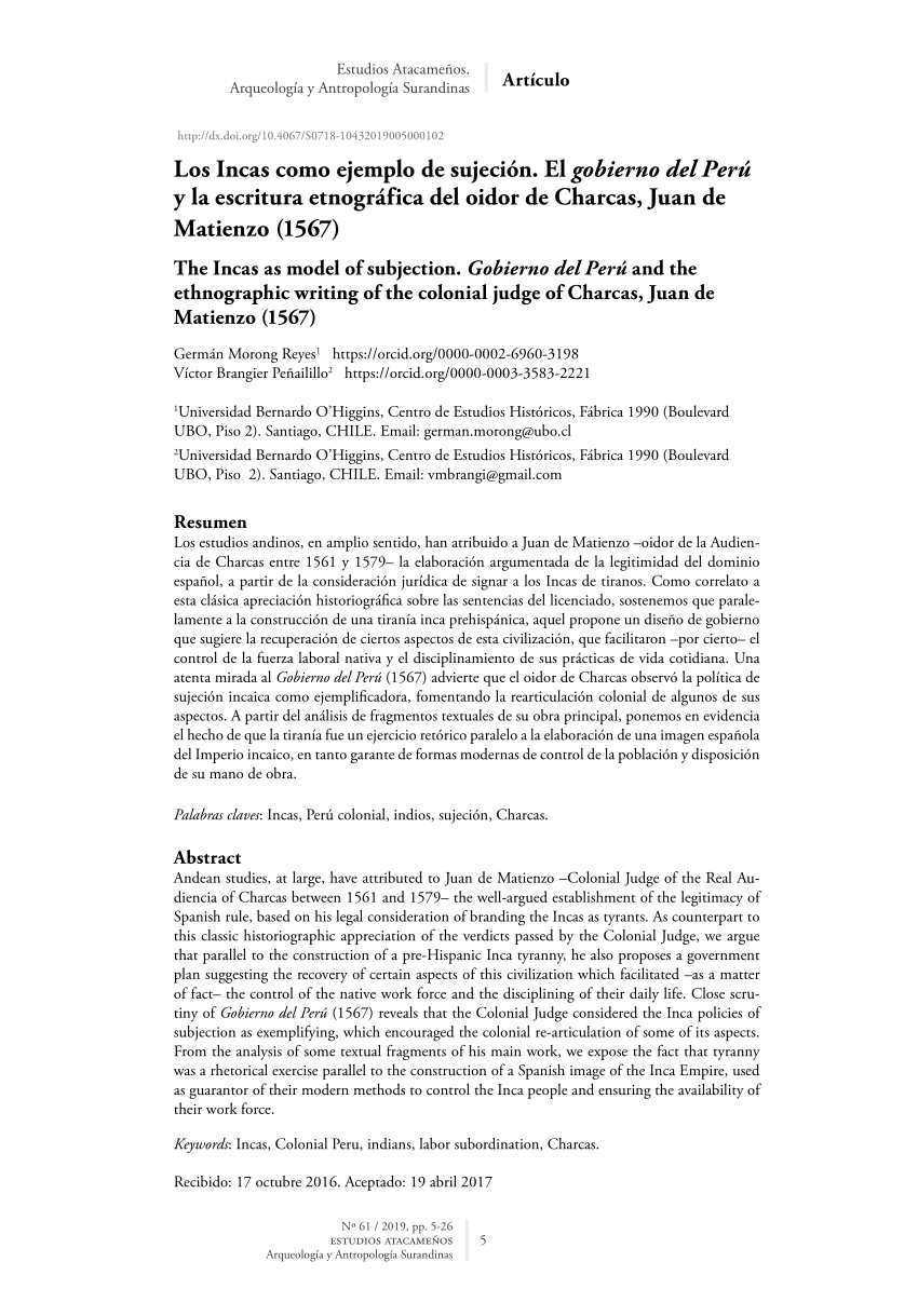 Pdf Los Incas Como Ejemplo De Sujecion El Gobierno Del Peru Y La Escritura Etnografica Del Oidor De Charcas Juan De Matienzo 1567