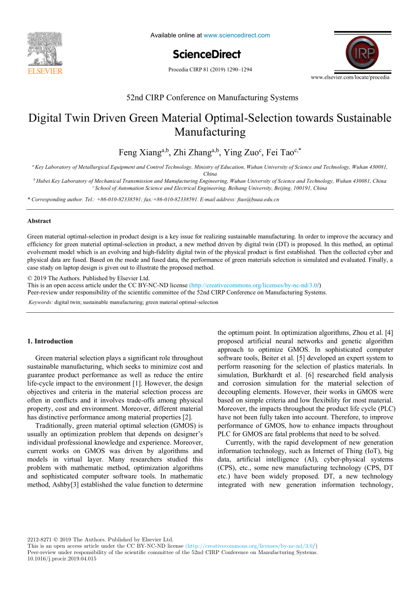 Pdf Digital Twin Driven Green Material Optimal Selection Towards Sustainable Manufacturing