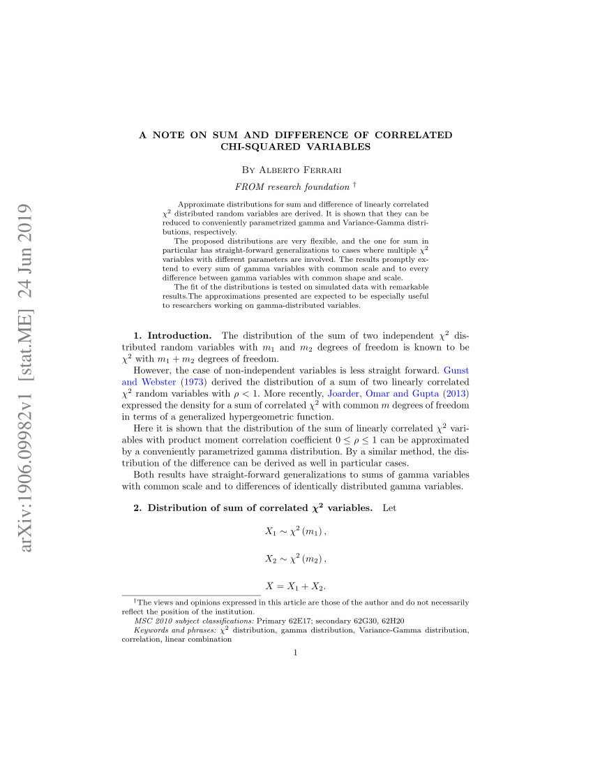 Pdf A Note On Sum And Difference Of Correlated Chi Squared Variables