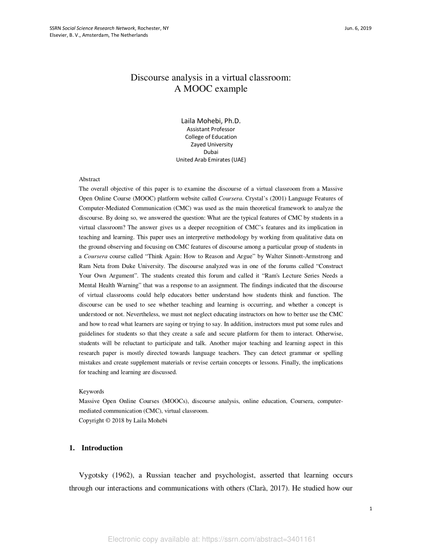 Pdf Discourse Analysis In A Virtual Classroom A Mooc Example