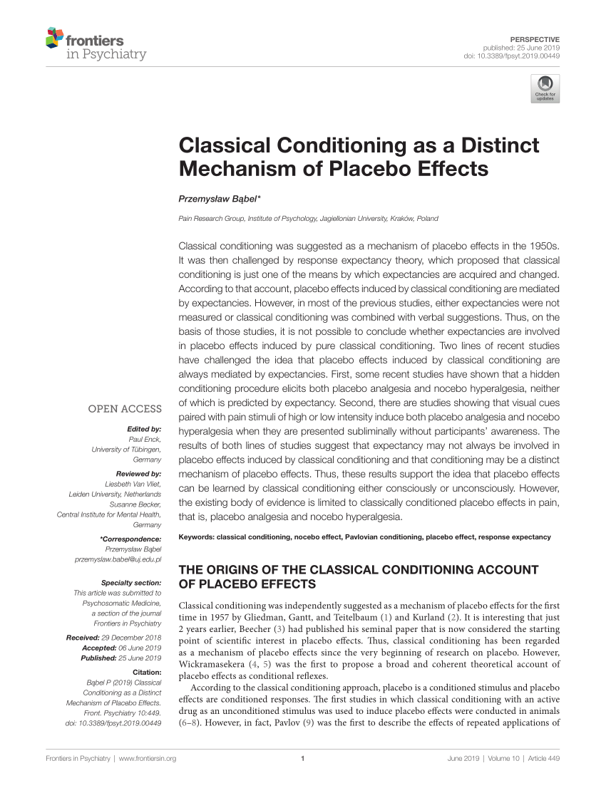 Pdf Classical Conditioning As A Distinct Mechanism Of Placebo Effects