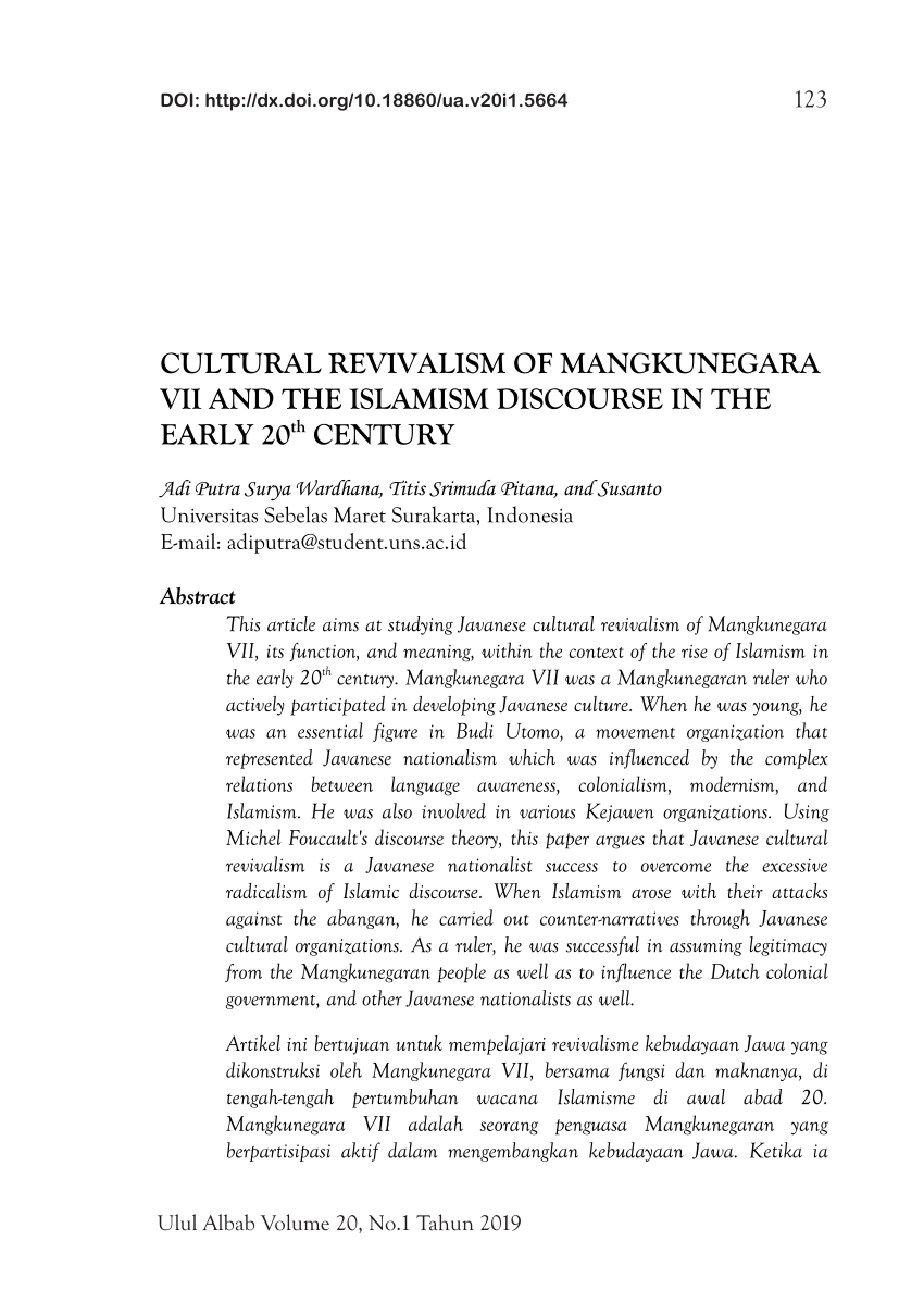 Pdf Cultural Revivalism Of Mangkunegara Vii And The Islamism Discourse In The Early 20th Century