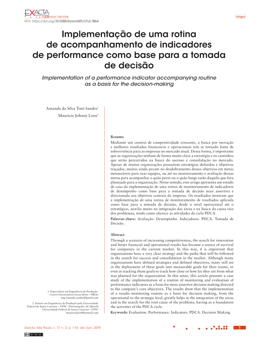PDF) Implementação de uma rotina de acompanhamento de indicadores de  performance como base para a tomada de decisão