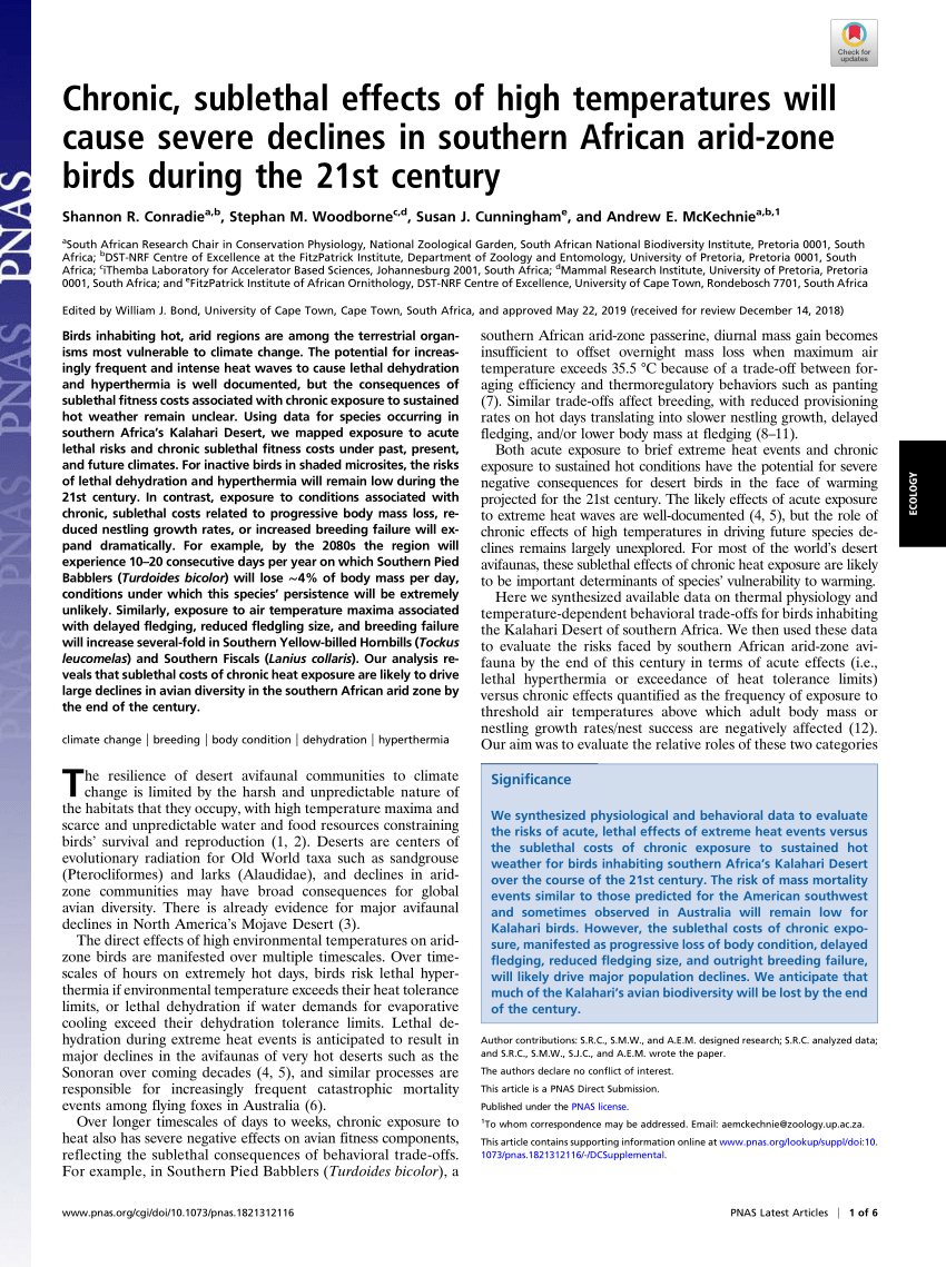 Pdf Chronic Sublethal Effects Of High Temperatures Will Cause Severe Declines In Southern African Arid Zone Birds During The 21st Century