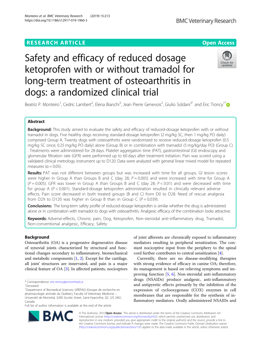 Pdf Safety And Efficacy Of Reduced Dosage Ketoprofen With Or Without Tramadol For Long Term Treatment Of Osteoarthritis In Dogs A Randomized Clinical Trial