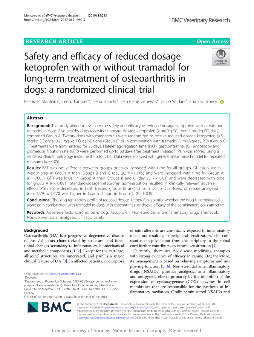 Pdf Safety And Efficacy Of Reduced Dosage Ketoprofen With Or Without Tramadol For Long Term Treatment Of Osteoarthritis In Dogs A Randomized Clinical Trial