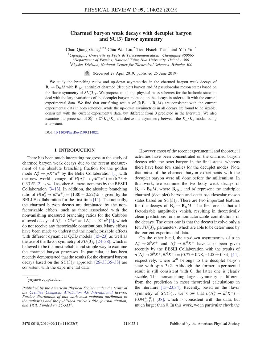 Pdf Charmed Baryon Weak Decays With Decuplet Baryon And Su 3 Flavor Symmetry