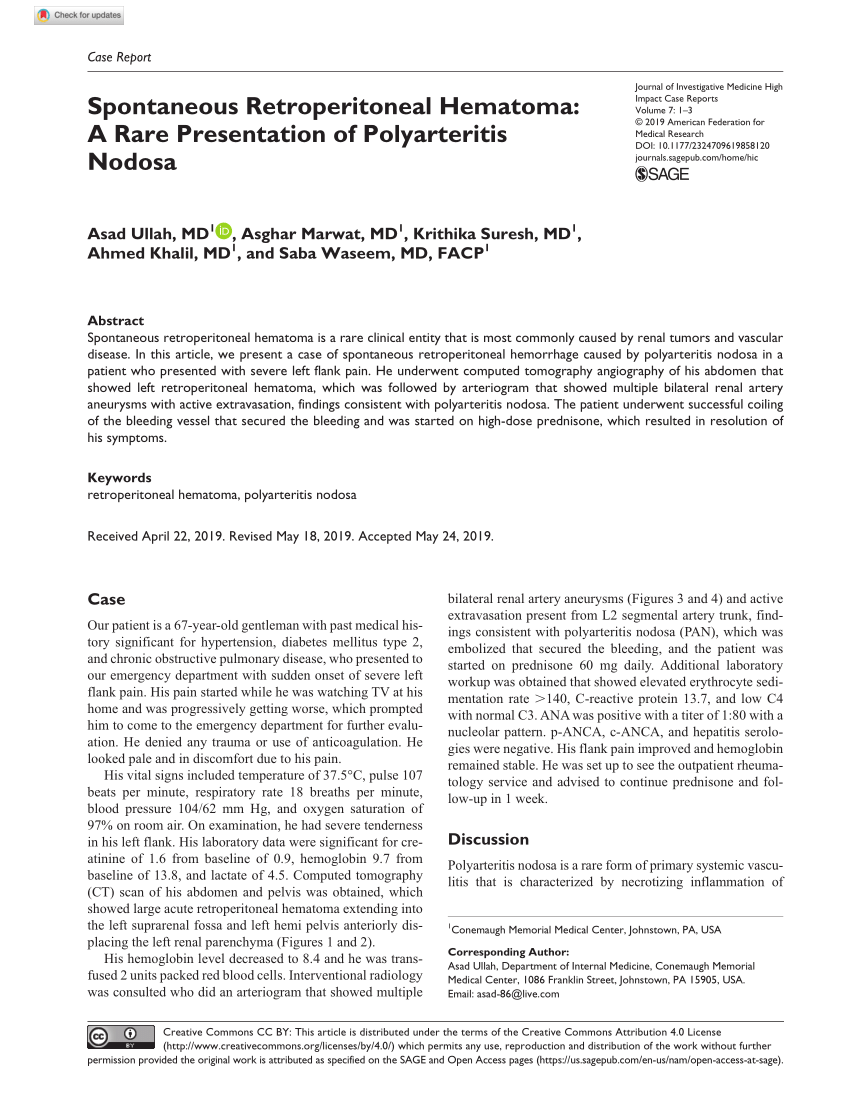 Pdf Spontaneous Retroperitoneal Hematoma A Rare Presentation Of Polyarteritis Nodosa