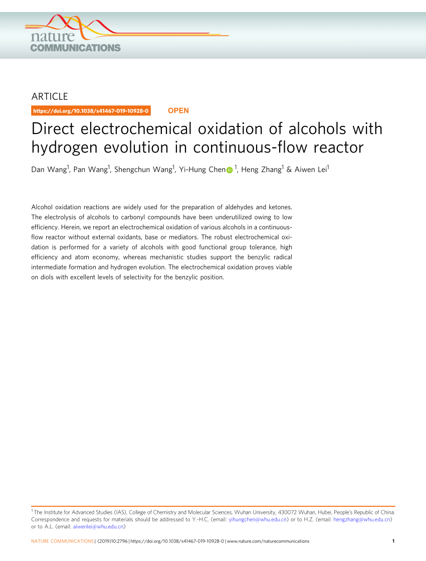 Pdf Direct Electrochemical Oxidation Of Alcohols With Hydrogen Evolution In Continuous Flow Reactor