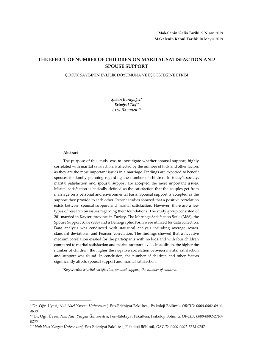 Pdf The Effect Of Number Of Children On Marital Satisfaction And Spouse Support Cocuk Sayisinin Evlilik Doyumuna Ve Es Destegine Etkisi