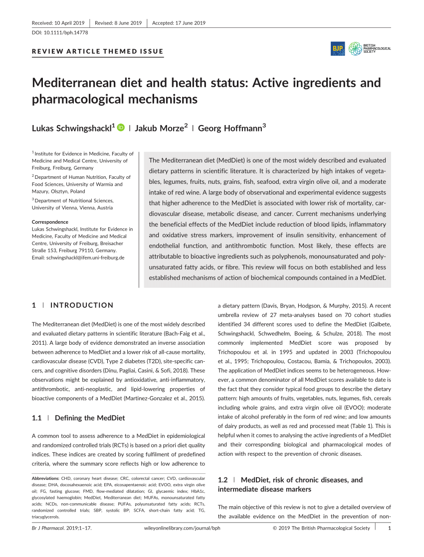 Pdf Mediterranean Diet And Health Status Active Ingredients And Pharmacological Mechanisms