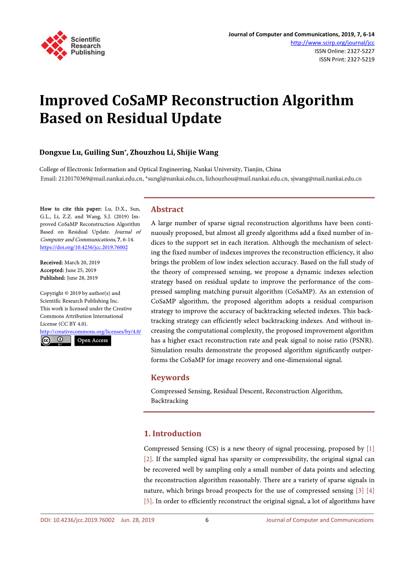 Pdf Improved Cosamp Reconstruction Algorithm Based On Residual Update