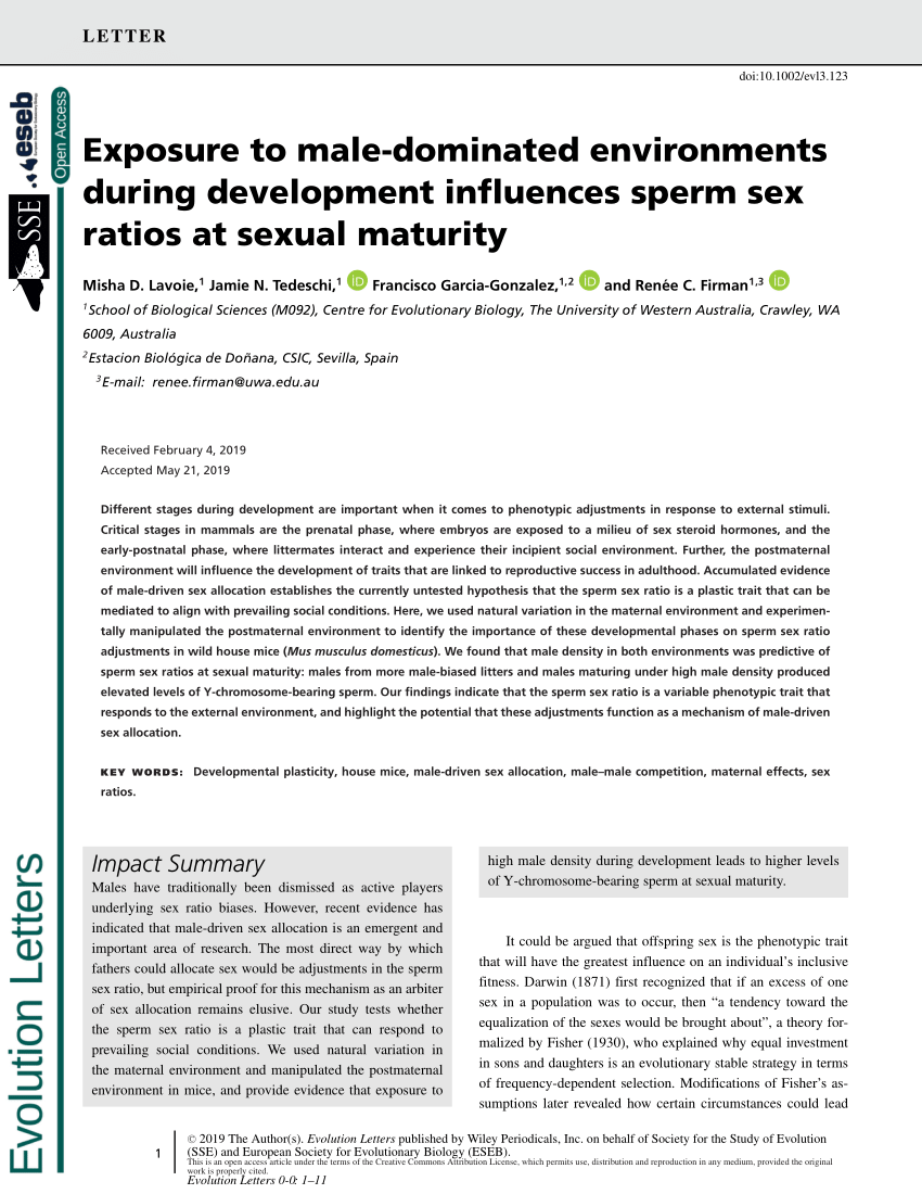 Pdf Exposure To Male Dominated Environments During Development Influences Sperm Sex Ratios At 3360