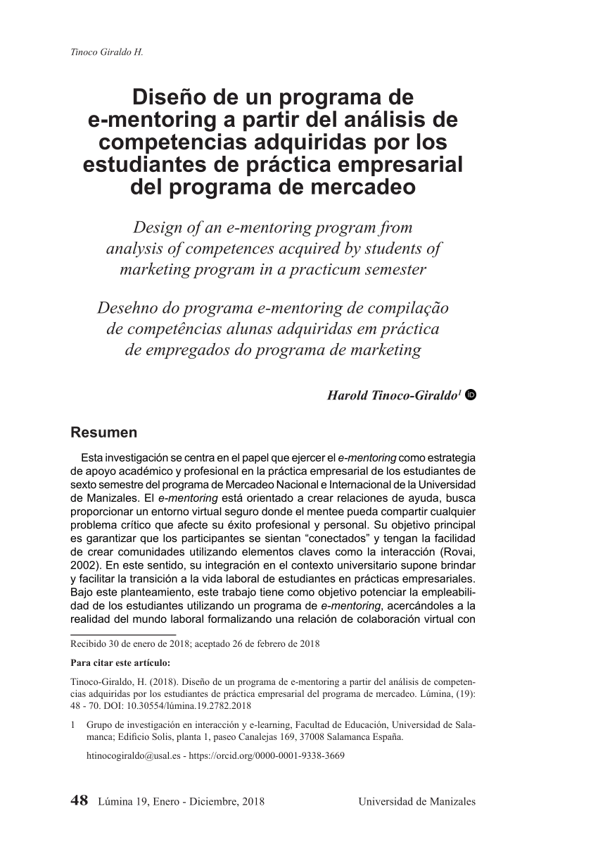 Pdf Diseno De Un Programa De E Mentoring A Partir Del Analisis De Competencias Adquiridas Por Los Estudiantes De Practica Empresarial Del Programa De Mercadeo