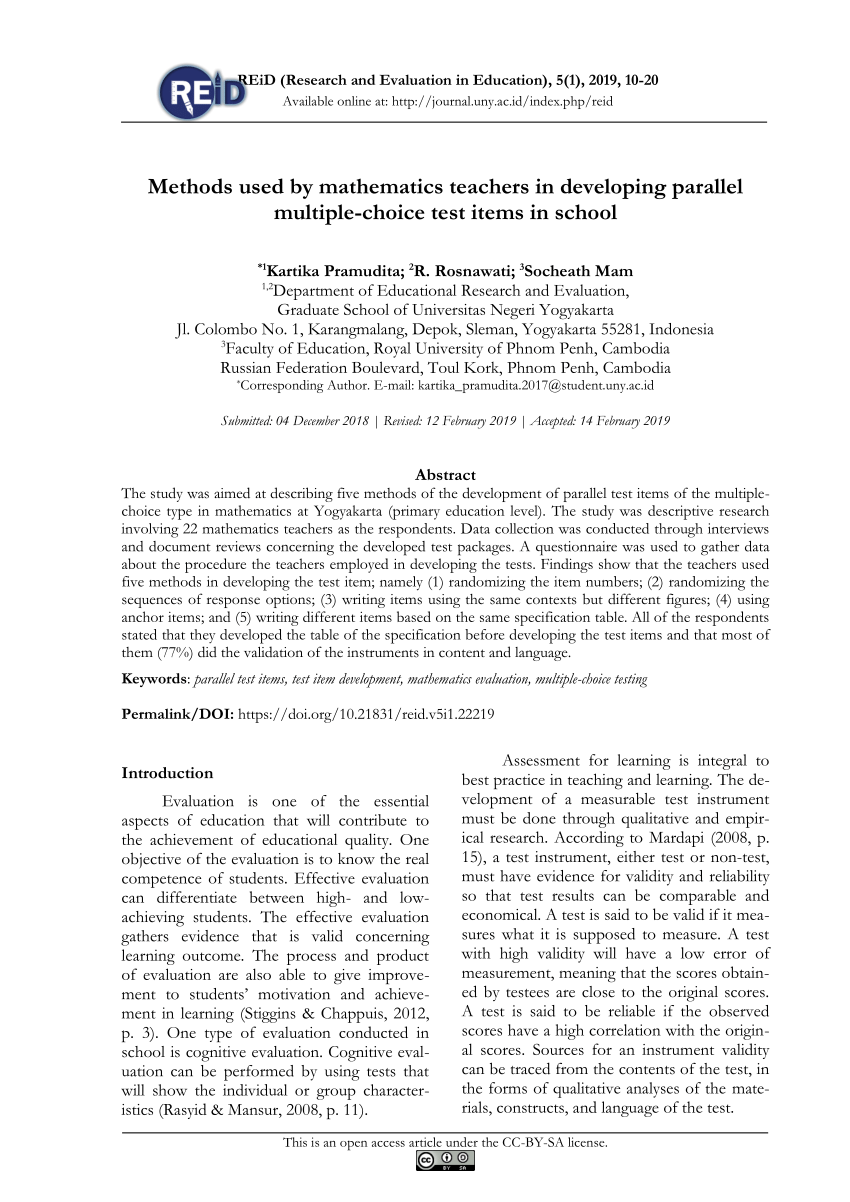 Pdf Methods Used By Mathematics Teachers In Developing Parallel Multiple Choice Test Items In School